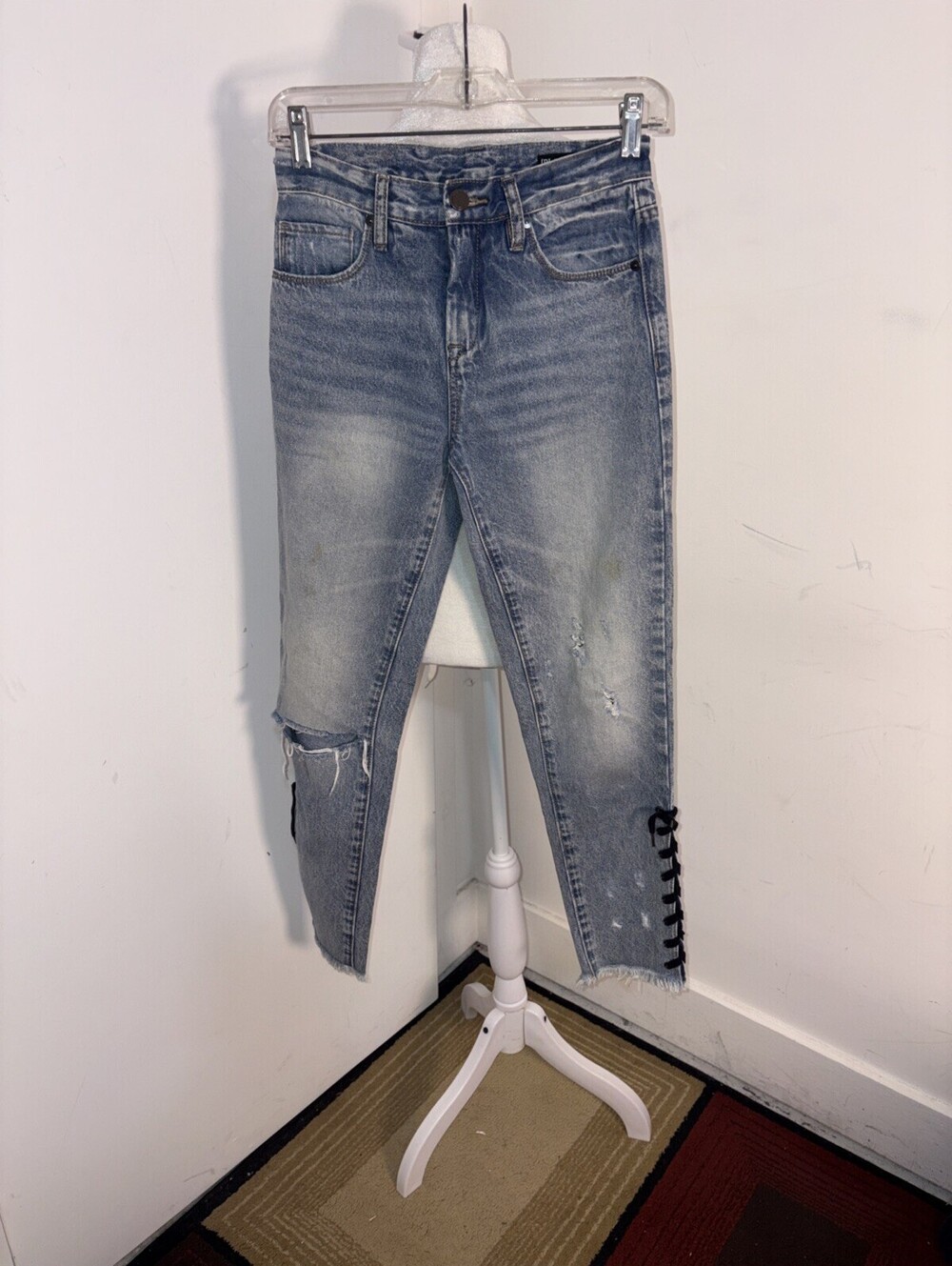 Blank NYC Jeans Size 24 Skinny Classique Black Lace-Up Leg Raw Hem Distressed